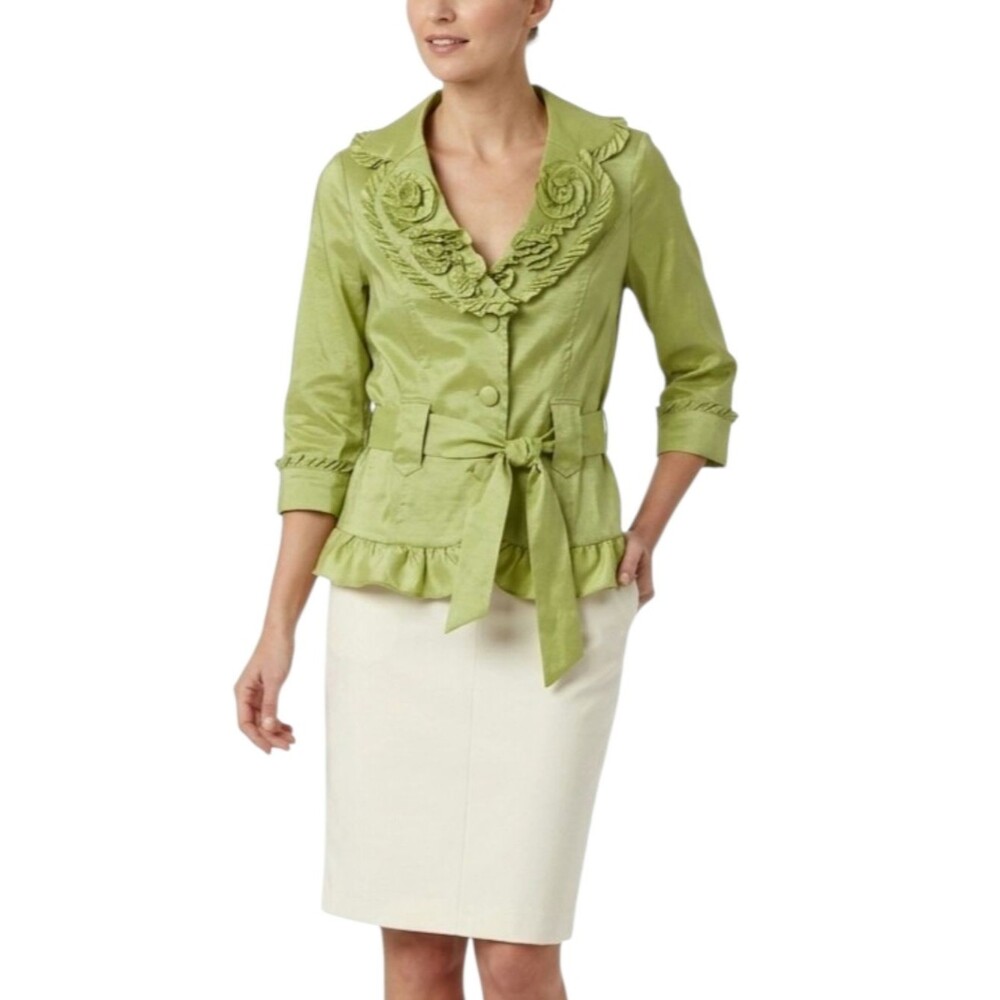 Jerry T Ruffle Rosette Blouse Belted Stretch Taffeta 3/4 Sleeves Formal M